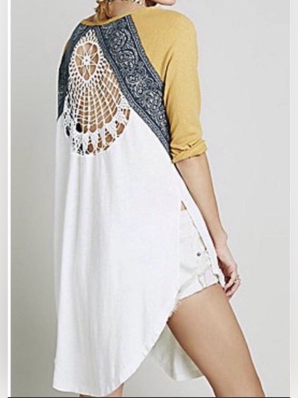 We The Free White Tunic with Mustard Raglan Sleeves and Gray Panels